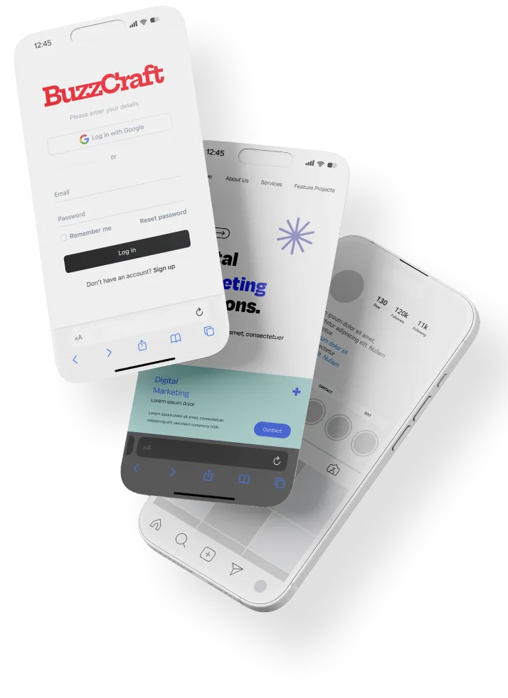 3つのスマートフォンにBuzzcraftアプリが表示されているシーン